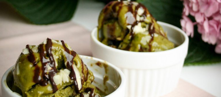 Guilt-Free Matcha Ice Cream & Chocolate Syrup